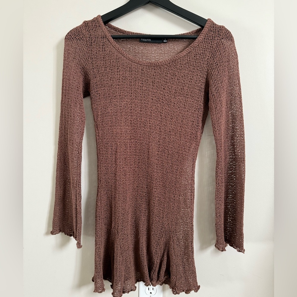 Brown Knit Long Sleeve Mesh Top | Women’s Small